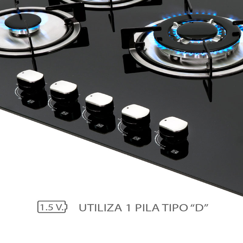 Parrilla de gas empotrable de 76cm con 5 quemadores SUPRA BRIONI cubierta de cristal templado negro