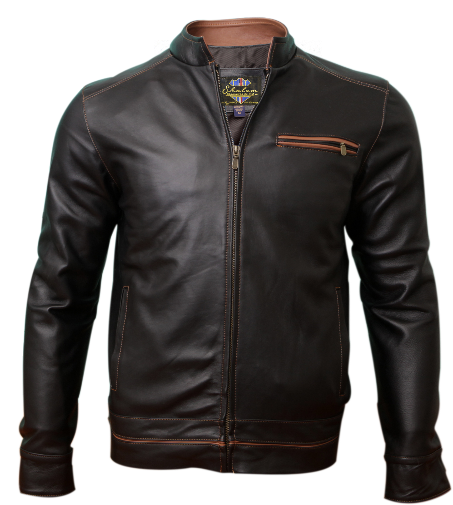 Chaqueta de Cuero Genuina Scott con Vivos en Shedron para Caballero Incluye de Regalo un Llavero Monedero de piel