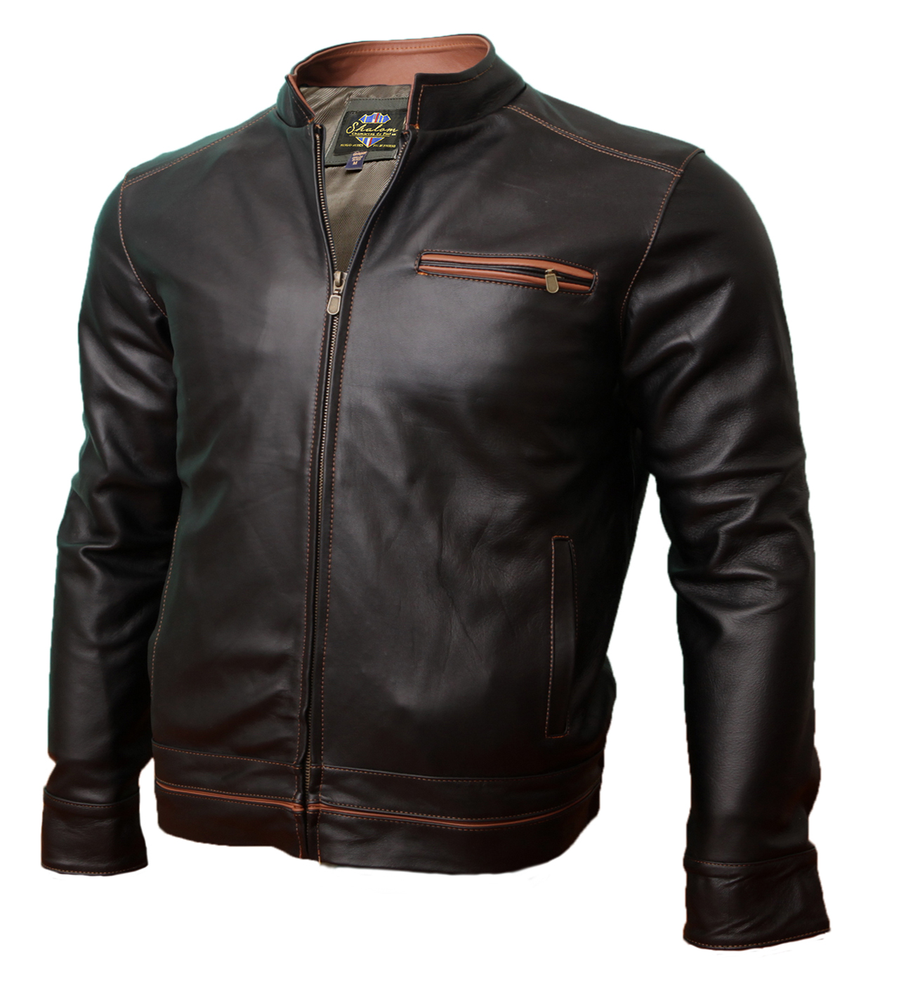 Chaqueta de Cuero Genuina Scott con Vivos en Shedron para Caballero Incluye de Regalo un Llavero Monedero de piel