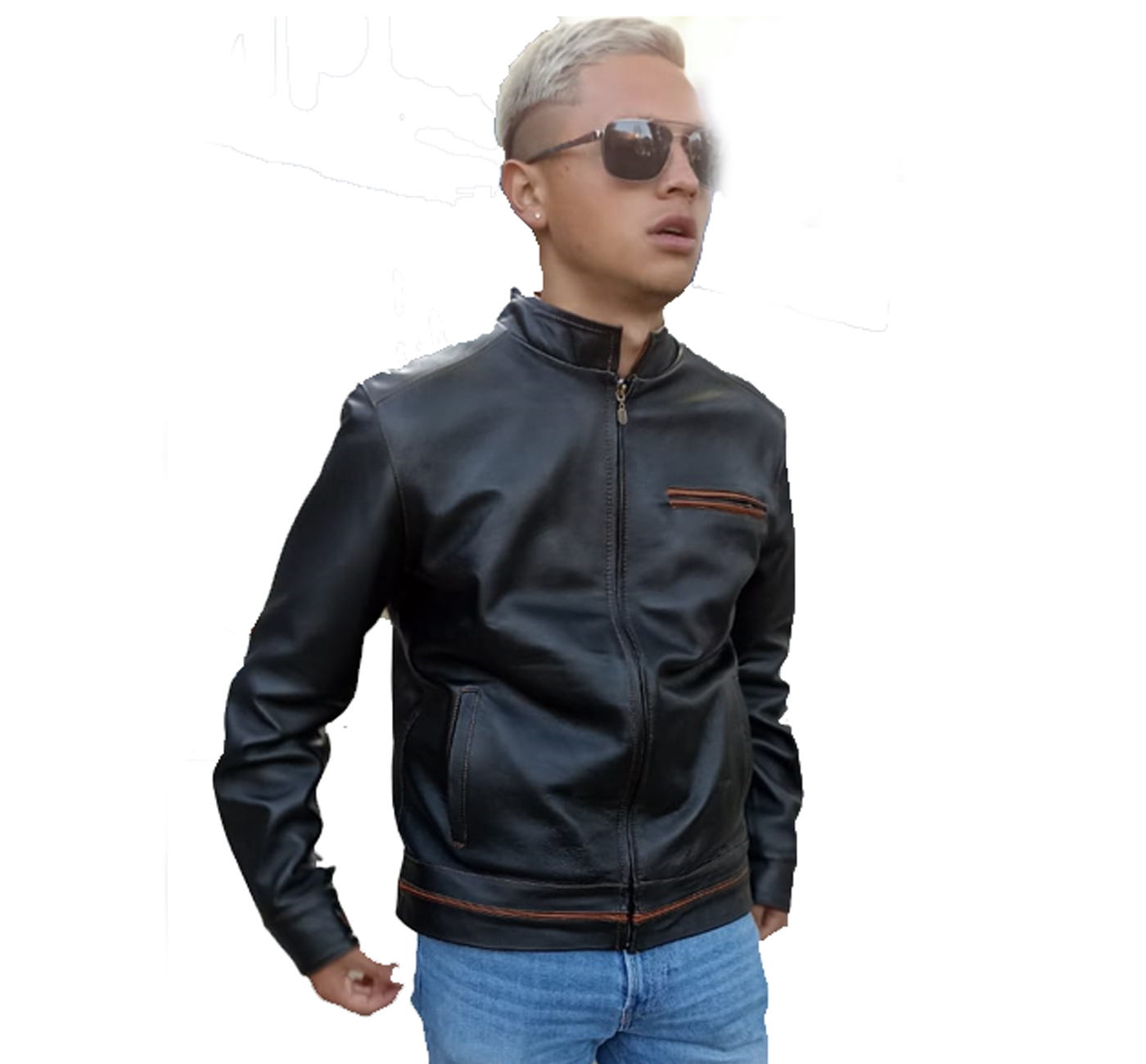 Chaqueta de Cuero Genuina Scott con Vivos en Shedron para Caballero Incluye de Regalo un Llavero Monedero de piel