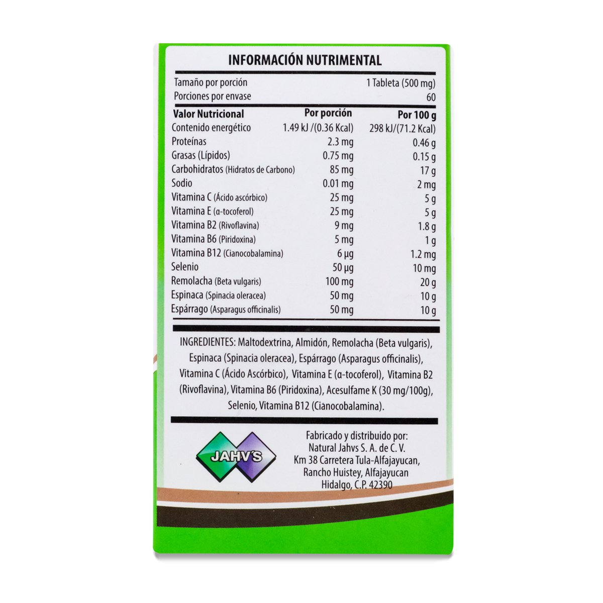 H Ga Jahvs A Base De Plantas Y Vitaminas 60 Tabs 500 Mg Jahvs 