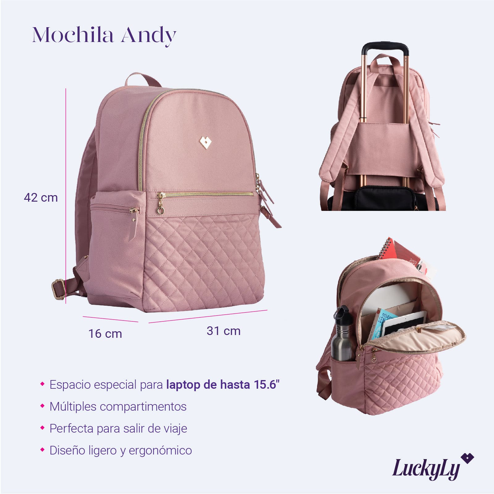 LuckyLy Mochila para Laptop Mujer hasta 15.6 Pulgadas, Ejecutiva y Escolar, Múltiples Compartimentos, Modelo Andy, Rosa