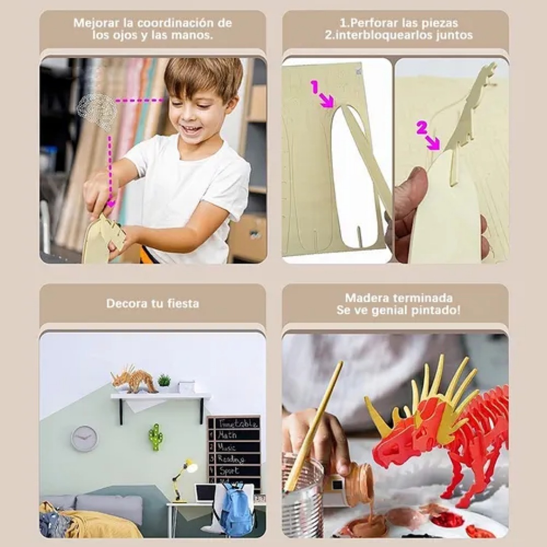 5 Rompecabezas Dinosaurios 3d Madera Para Niños
