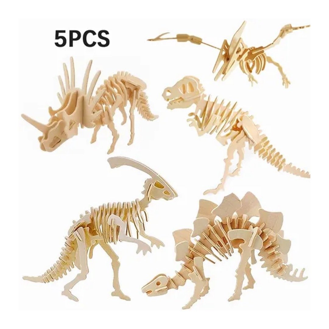 5 Rompecabezas Dinosaurios 3d Madera Para Niños