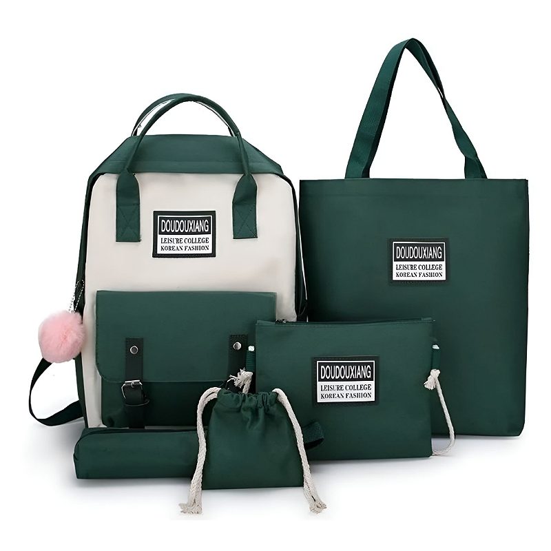 Set 5 Mochila Bolsas Escolar Estudiante Lapicera Tote Lona Verde