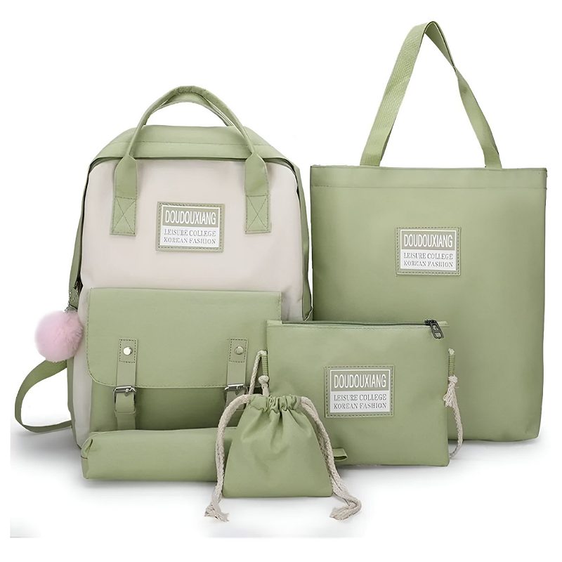 Set 5 Mochila Bolsas Escolar Estudiante Lapicera Tote Lona verde claro
