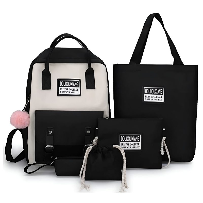 Set 5 Mochila Bolsas Escolar Estudiante Lapicera Tote Lona negra