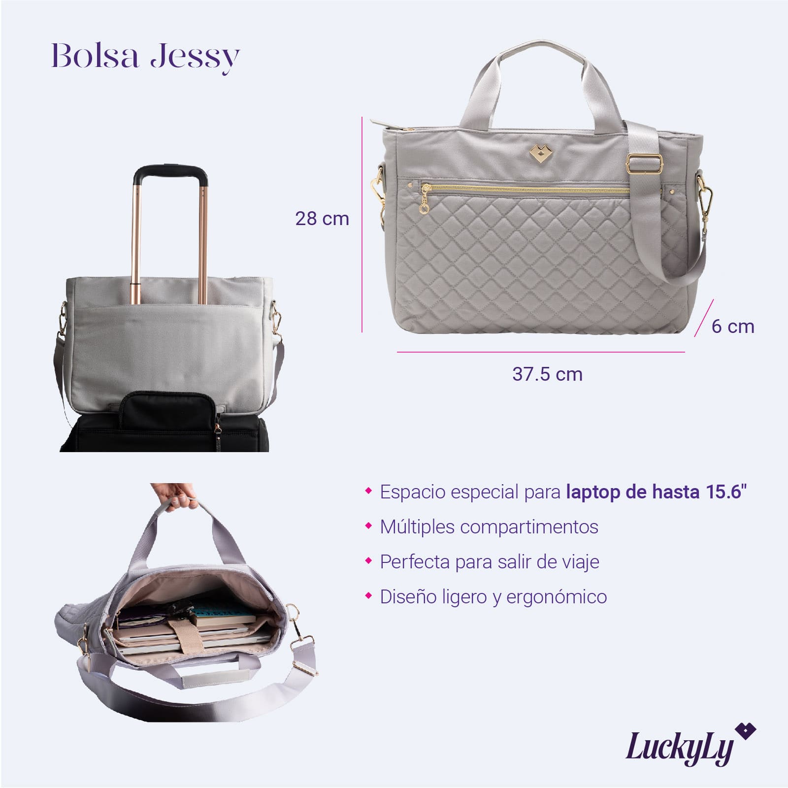 LuckyLy Tote Bolsa para Laptop Mujer hasta 15.6 Pulgadas, Bolso de Mano y Crossbody Ejecutiva Escolar, Modelo Jessy, Gris