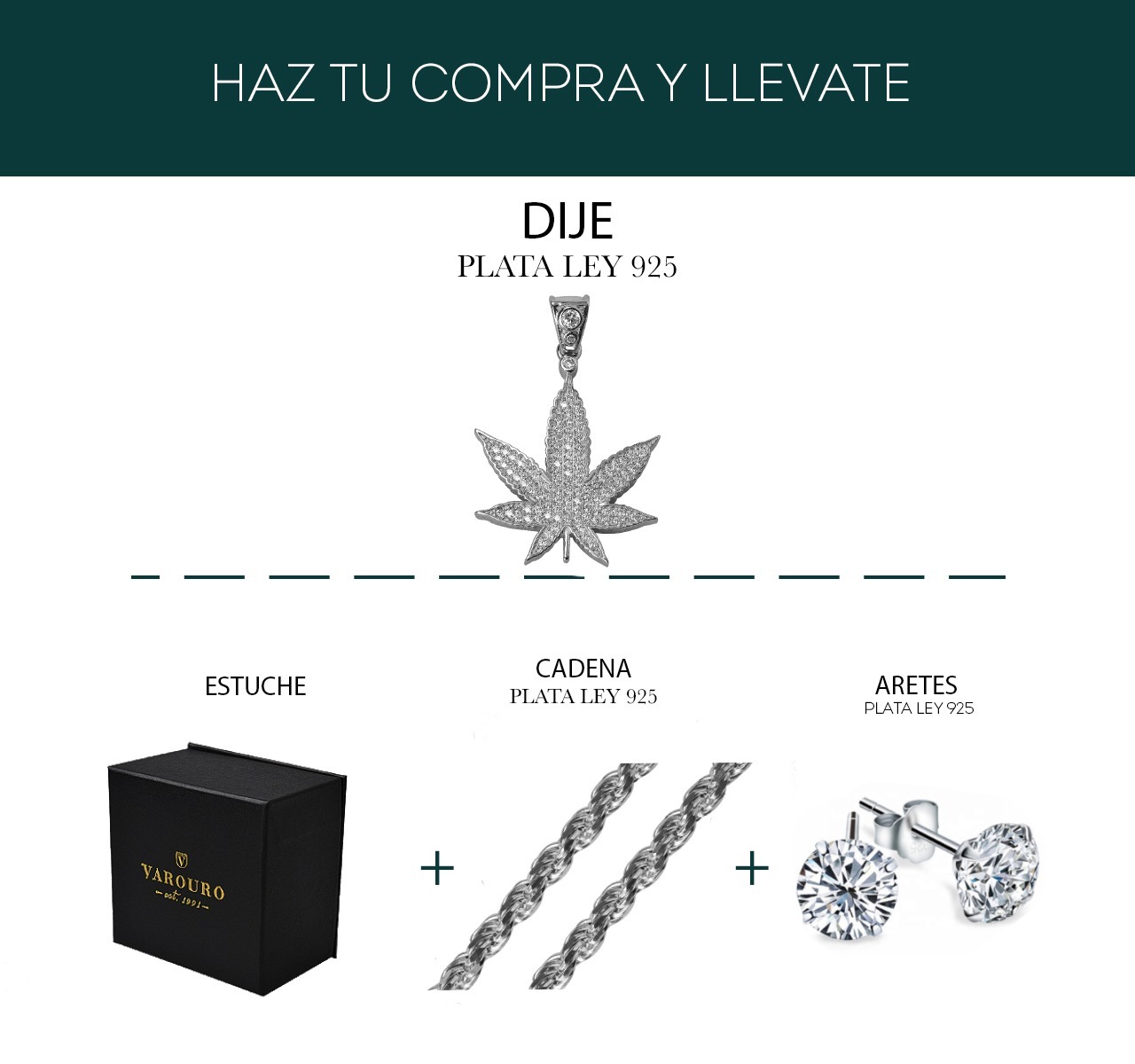 Dije Hoja Cannabis Cadena Torzal Plata 925 Italia + Estuche.
