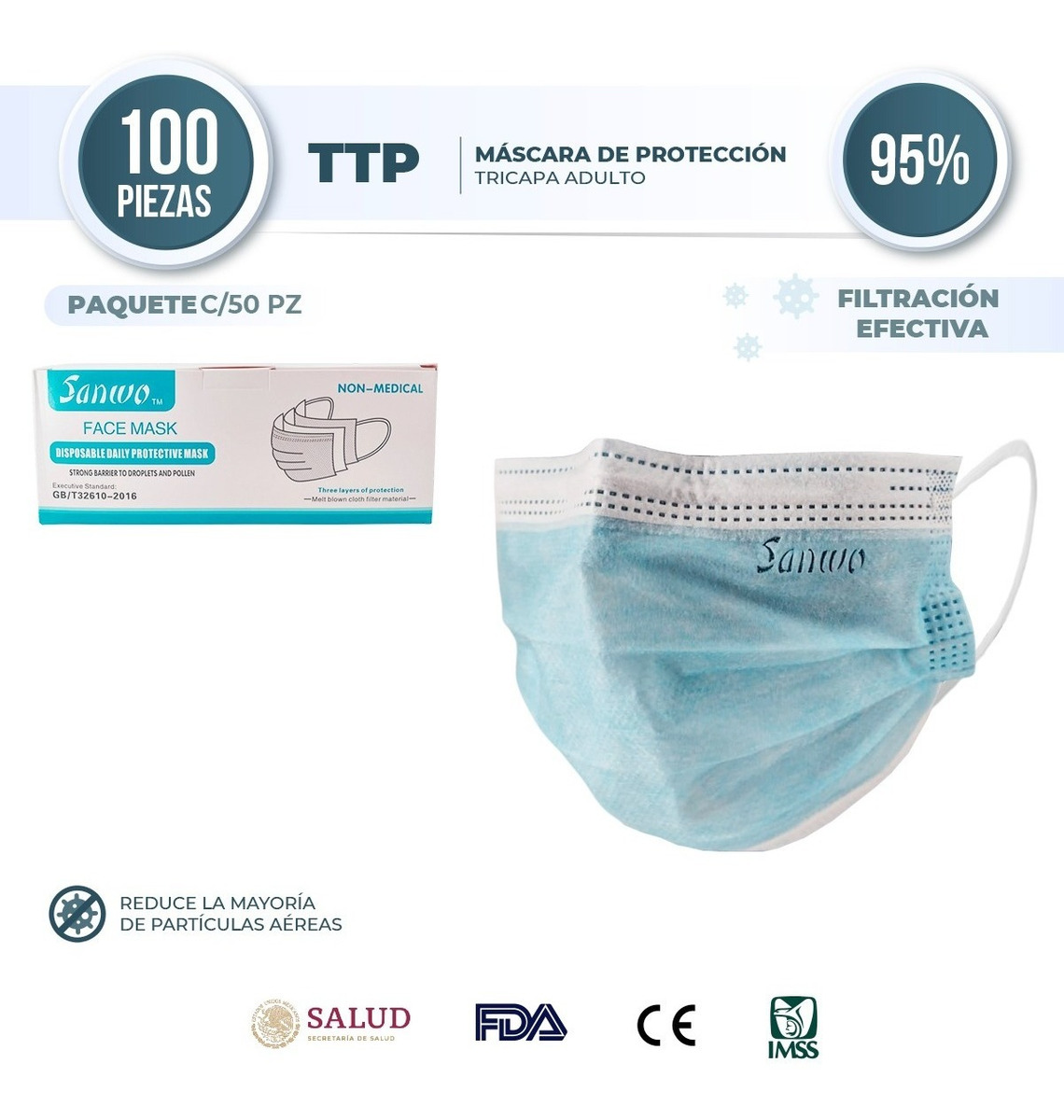 Cubrebocas Tricapa Termosellado Marca Sanwo Certificado Cofepris 100 Piezas