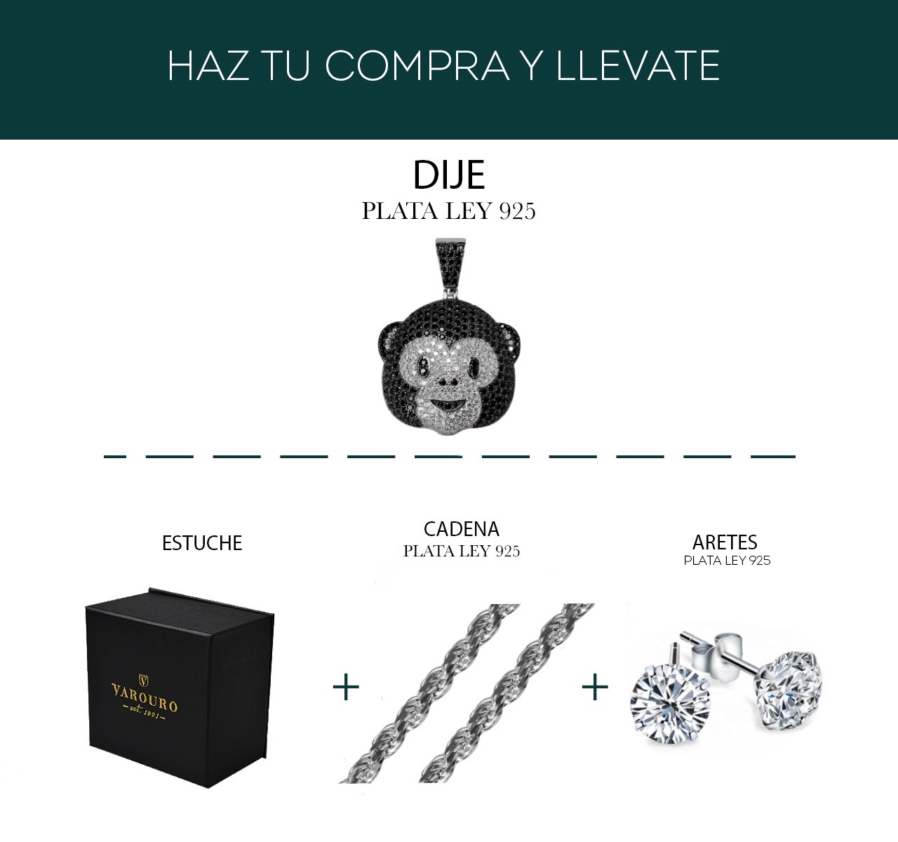 Dije Emoji Mono Y Cadena Torzal Plata 925 Italia + Estuche.