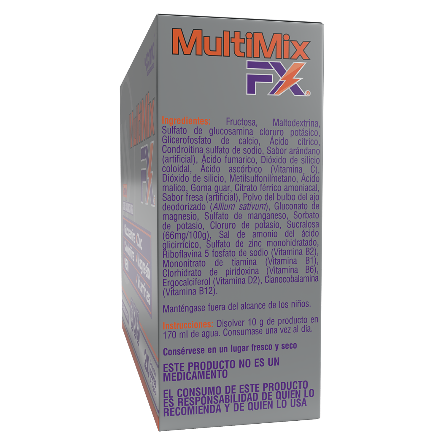 Multimix FX Polvo, 20 Sobres, 10 g c/u, Glucosamina, Condroitina, MSM, Zinc, Magnesio, Vitaminas