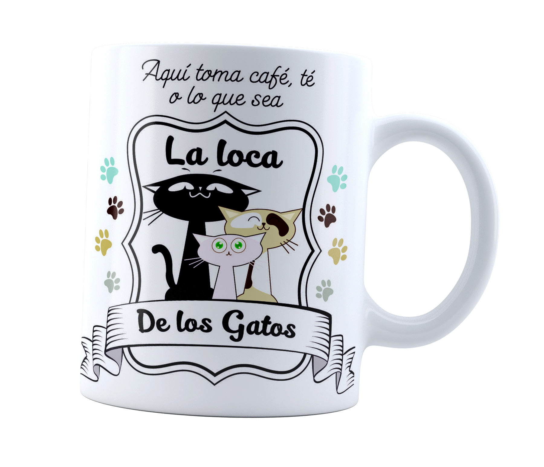 Taza Aquí toma la loca de los gatos | Frase Meme divertida