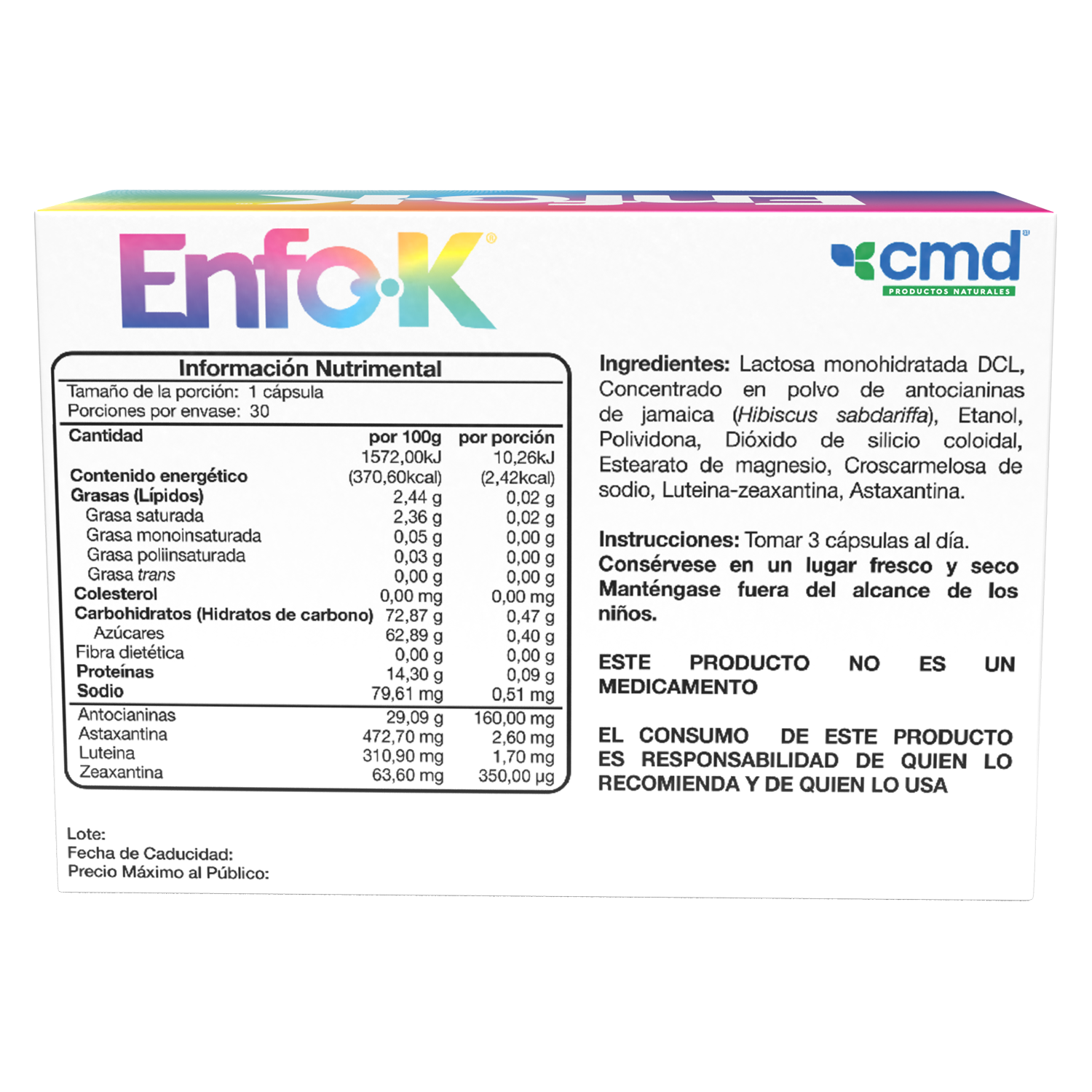 Enfo-k, Enfoka, Enfoca, 30 Capsulas, 0.642 g c/u, Luteina, Zeaxantina, Astaxantina, Hibiscus Sabdariffa
