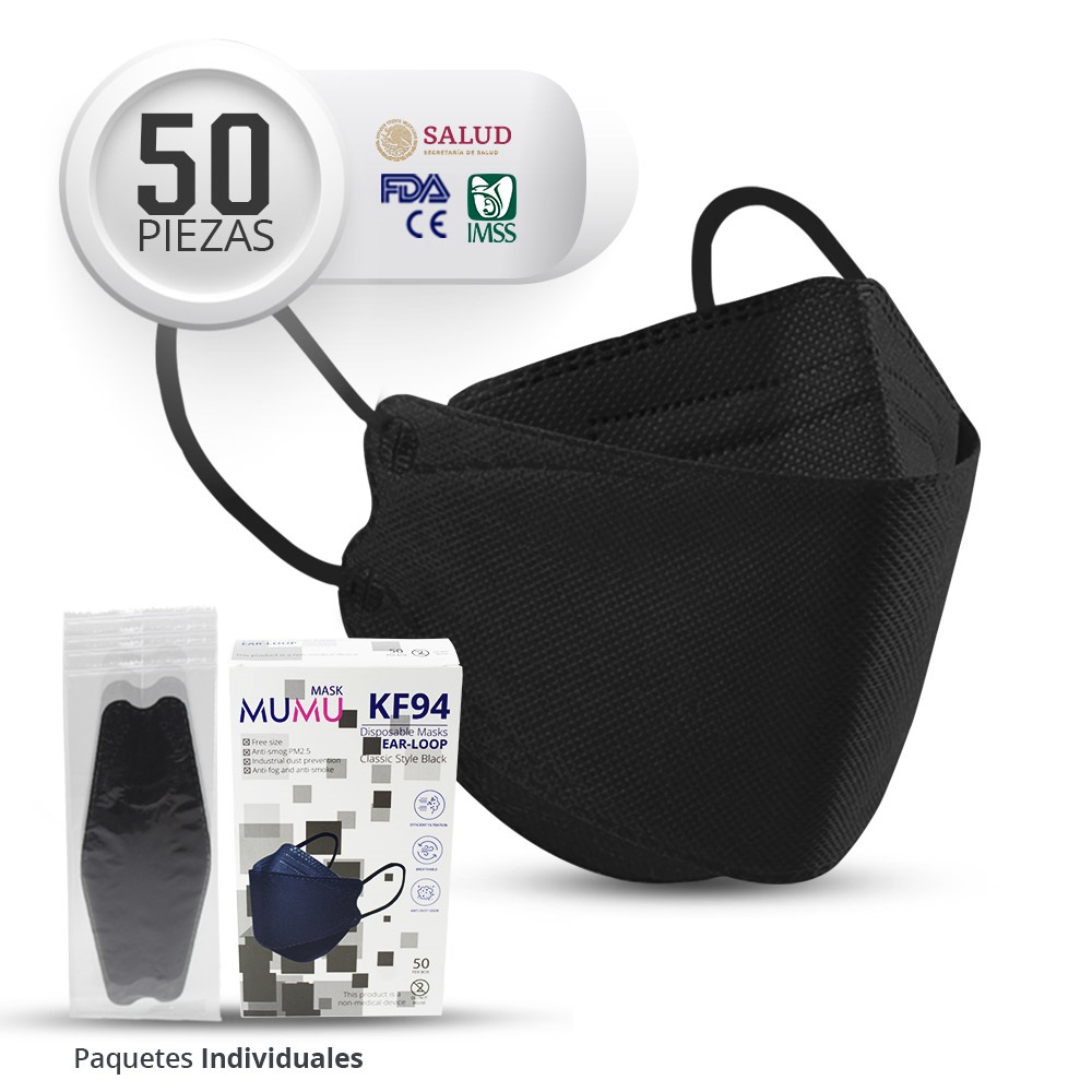 Cubrebocas Kf94 Negro 50 piezas Tapabocas Premium Máxima Protección Fda Ce