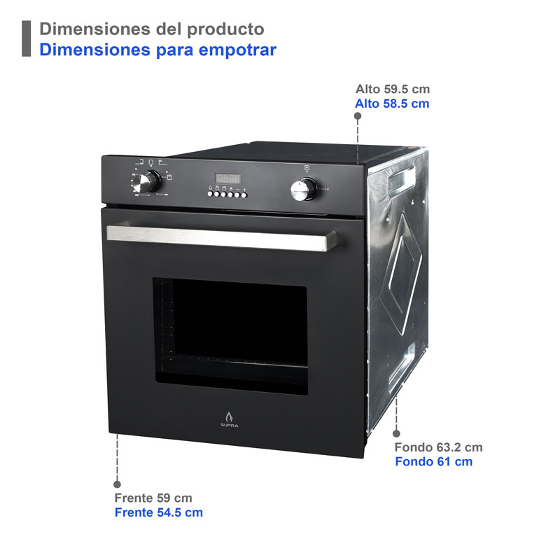 Horno de gas empotrable 60cm en acero inoxidable BLACK VORTEX color negro mate