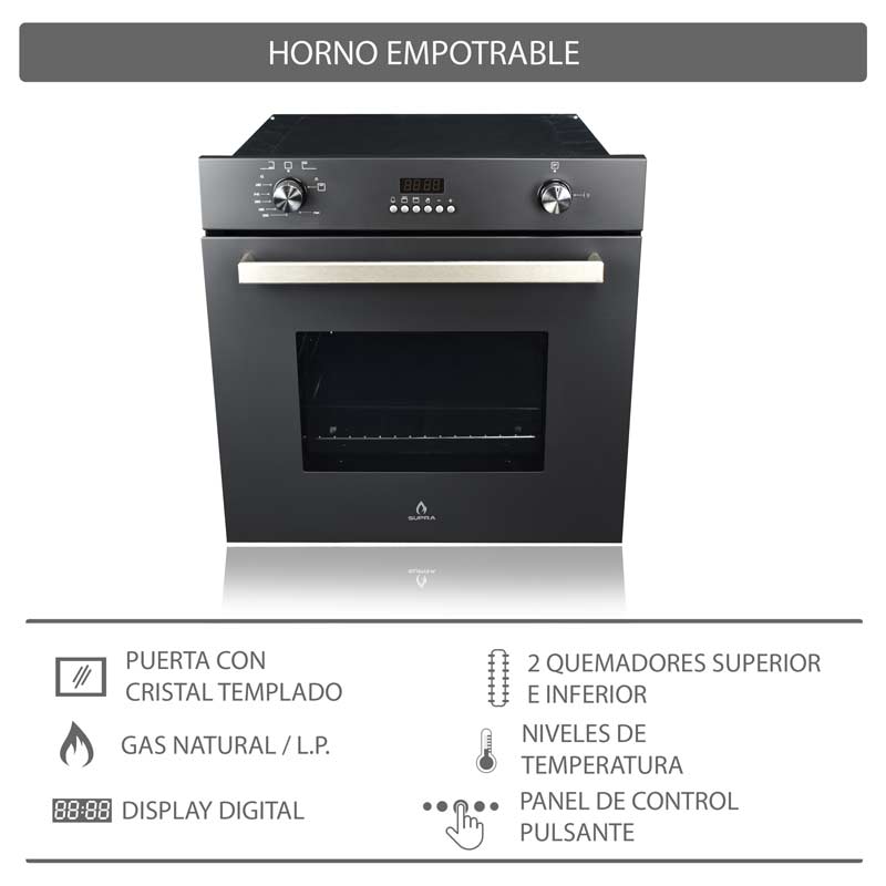 Horno de gas empotrable 60cm en acero inoxidable BLACK VORTEX color negro mate
