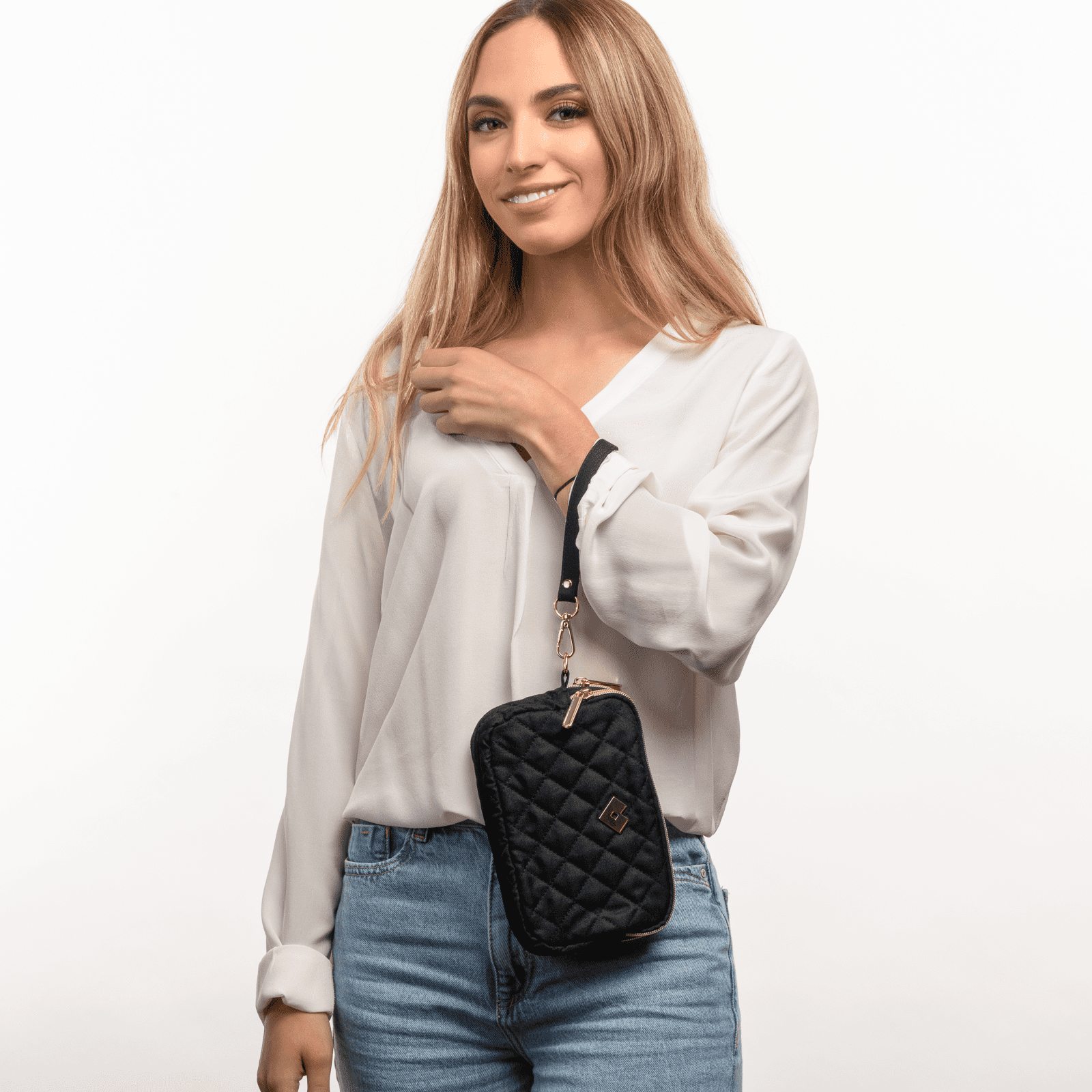 LuckyLy Bolsa de Mano para Mujer tipo Clutch, Ideal como Bolsa para Celular, Cartera Dama y Neceser, Modelo Gaby, Negro