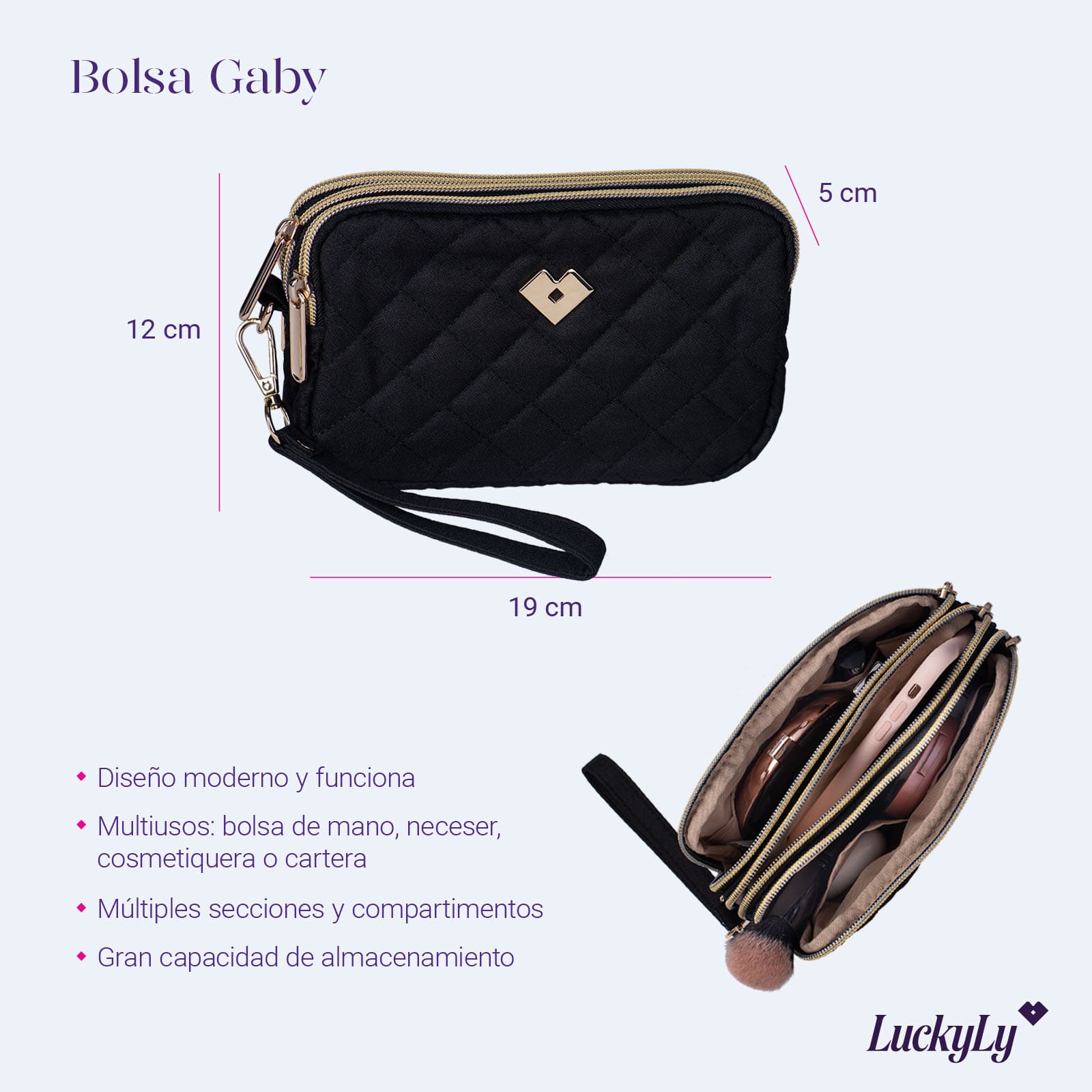 LuckyLy Bolsa de Mano para Mujer tipo Clutch, Ideal como Bolsa para Celular, Cartera Dama y Neceser, Modelo Gaby, Negro