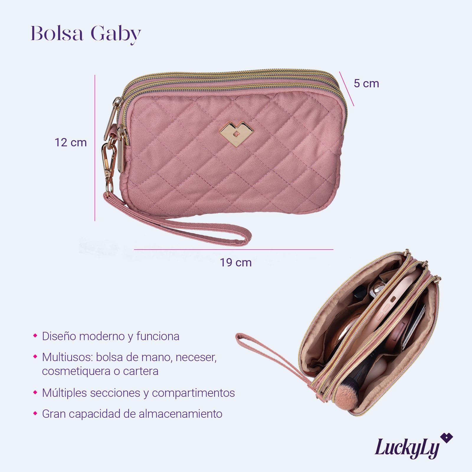 LuckyLy Bolsa de Mano para Mujer tipo Clutch, Ideal como Bolsa para Celular, Cartera Dama y Neceser, Modelo Gaby, Rosa