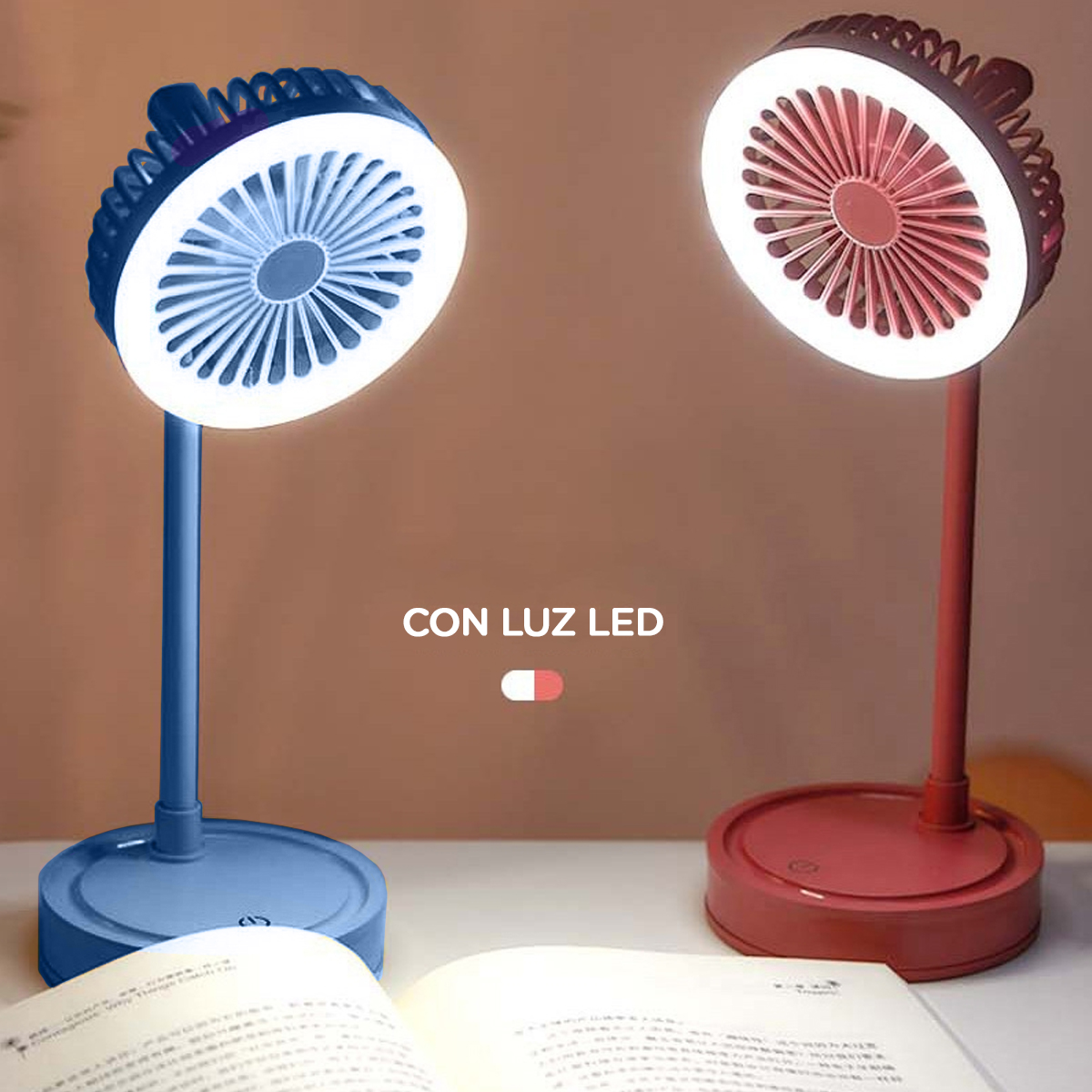 Ventilador portatil + lámpara luz Led de iluminación Recargable USB 3 potencias 360 grados