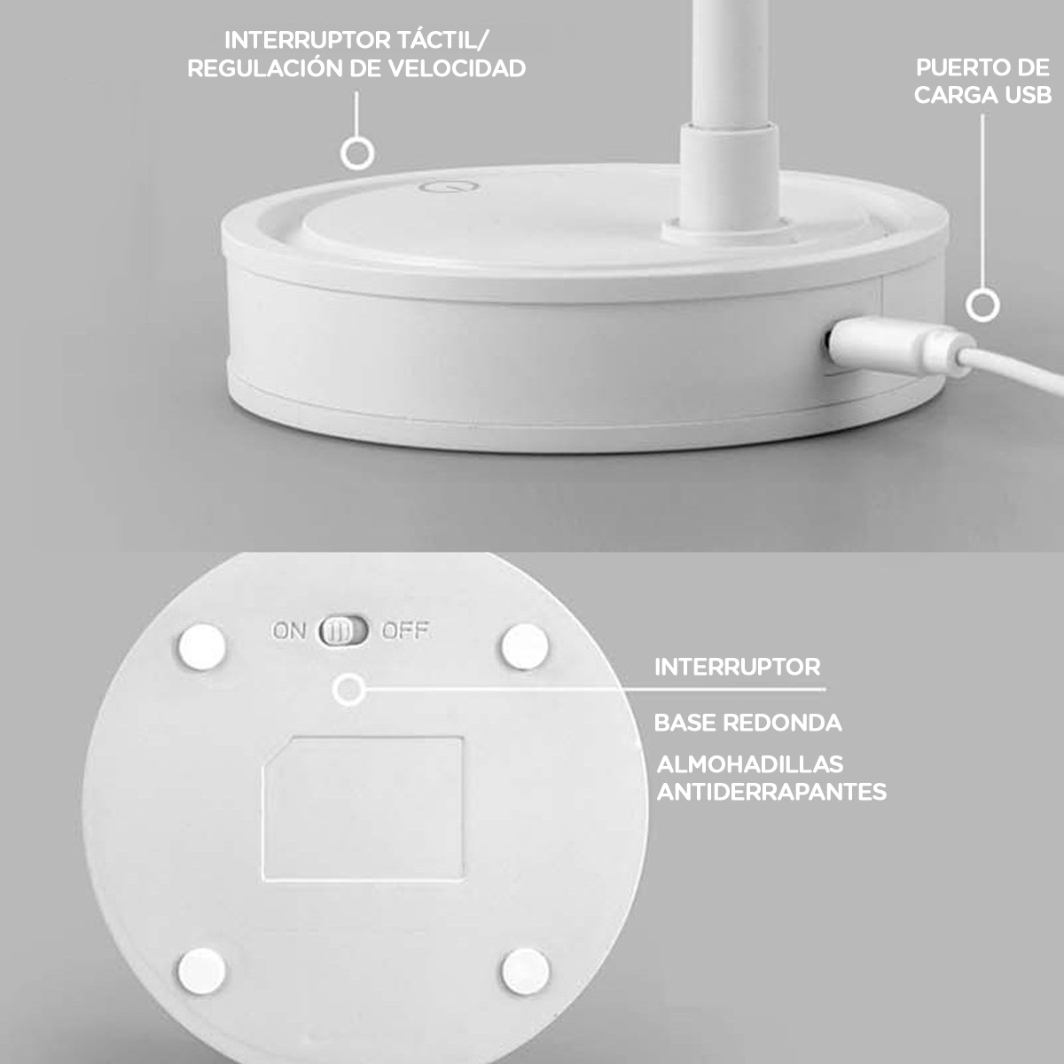 Ventilador portatil + lámpara luz Led de iluminación Recargable USB 3 potencias 360 grados