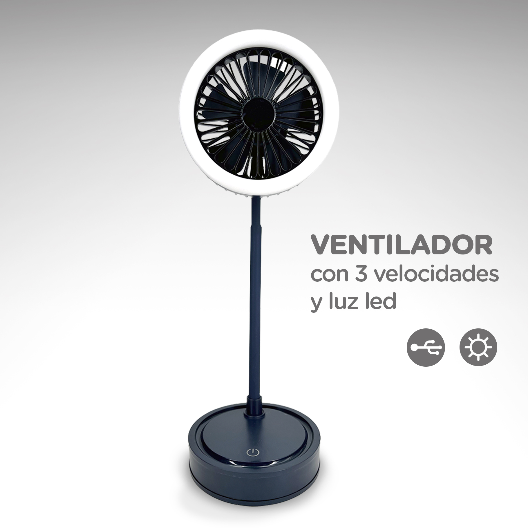 Ventilador portatil + lámpara luz Led de iluminación Recargable USB 3 potencias 360 grados