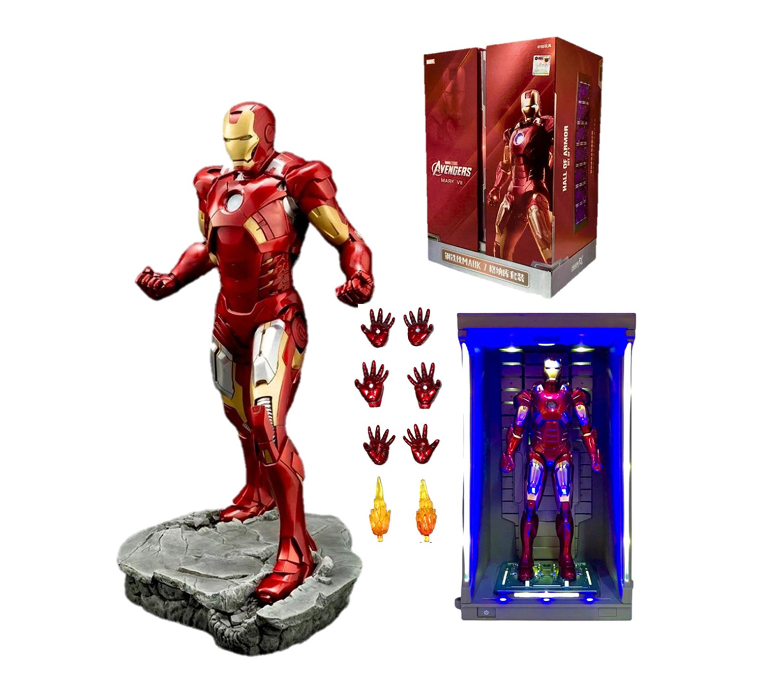 Figura de Accion Iron Man Mark 7 Coleccionable Figura Articulada con Hall Of Armor con Luz y  Batería Recargable 