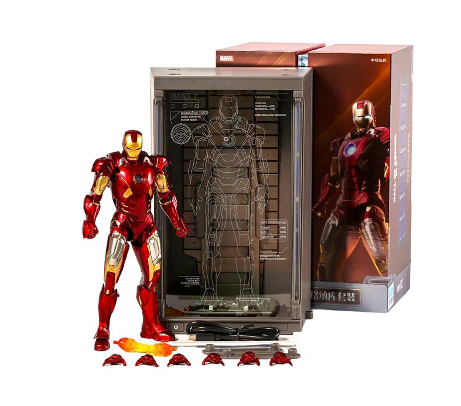 Figura de Accion Iron Man Mark 7 Coleccionable Figura Articulada con Hall Of Armor con Luz y  Batería Recargable 