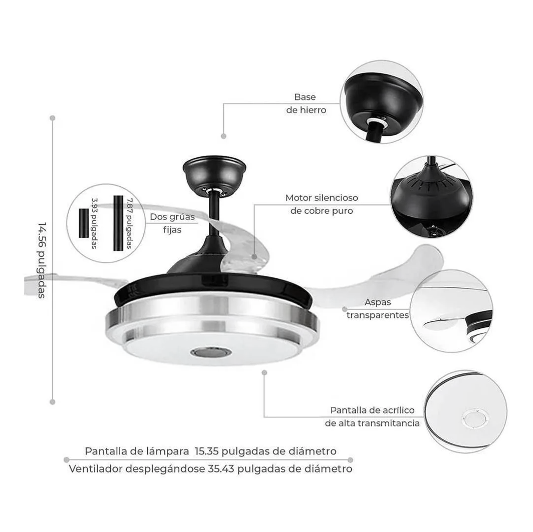 Ventilador de Techo Lámpara Luz Multicolor con Aspa Retráctil Bocina Bluetooth