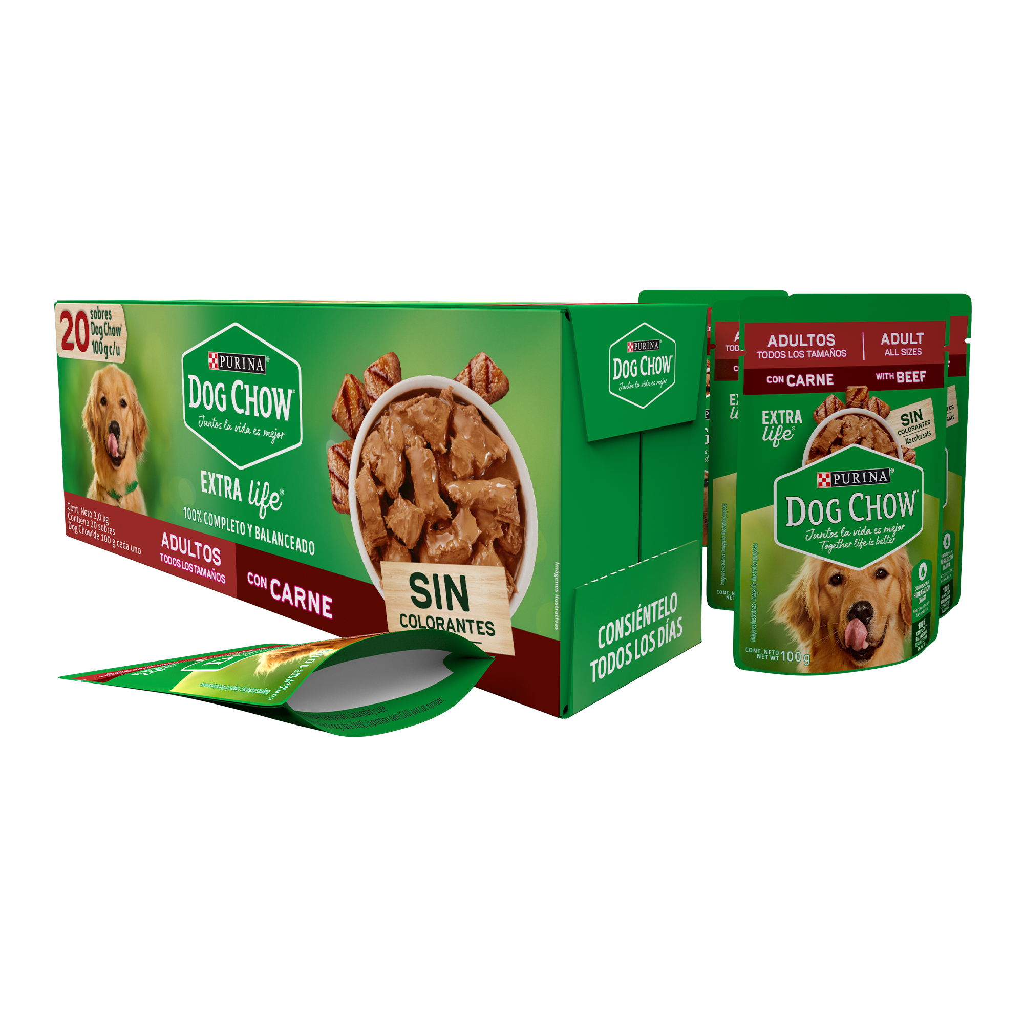 Caja de 20 sobres Dog Chow Carne Alimento Húmedo Adultos Todos Los Tamaños, Pouch de 100g c/u.