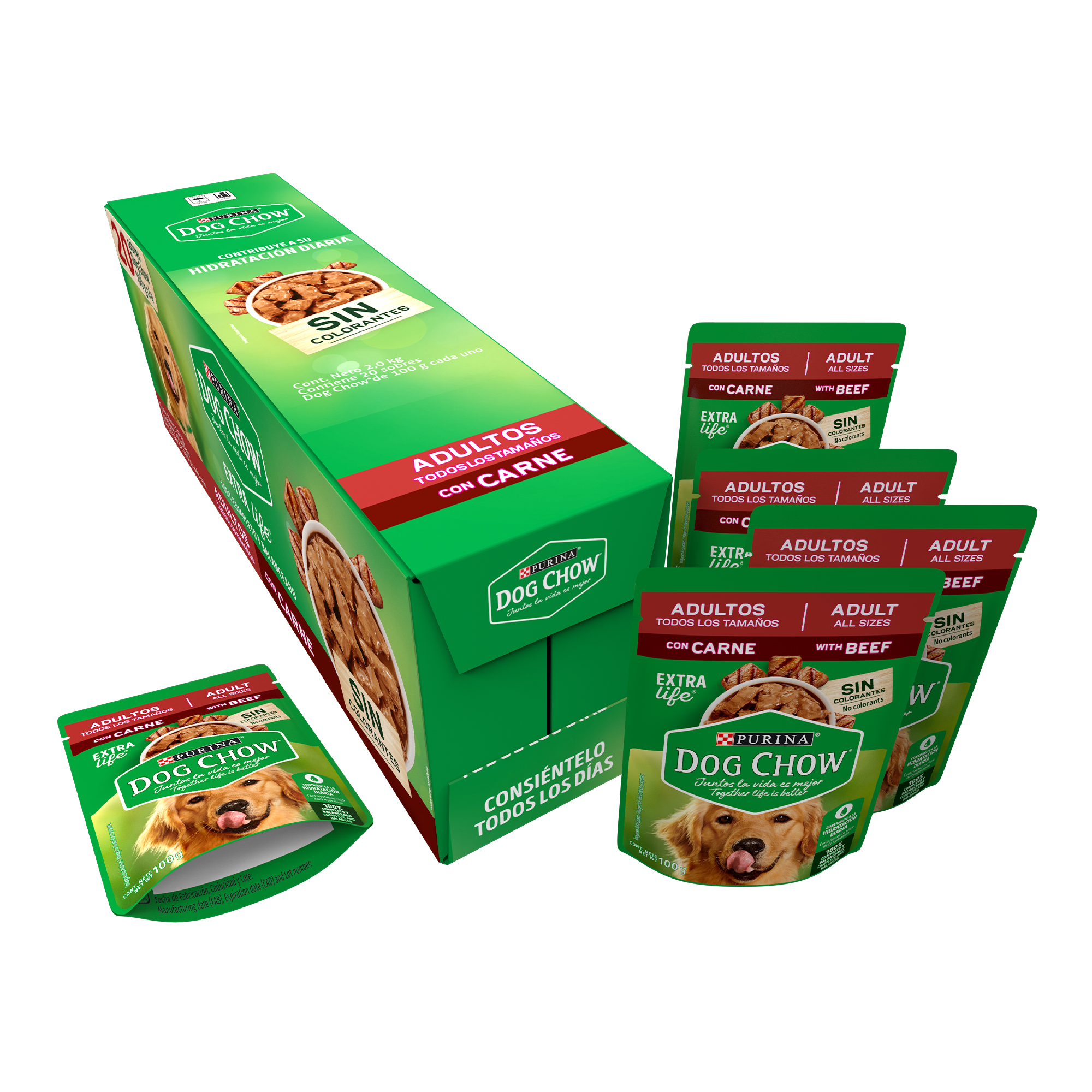 Caja de 20 sobres Dog Chow Carne Alimento Húmedo Adultos Todos Los Tamaños, Pouch de 100g c/u.
