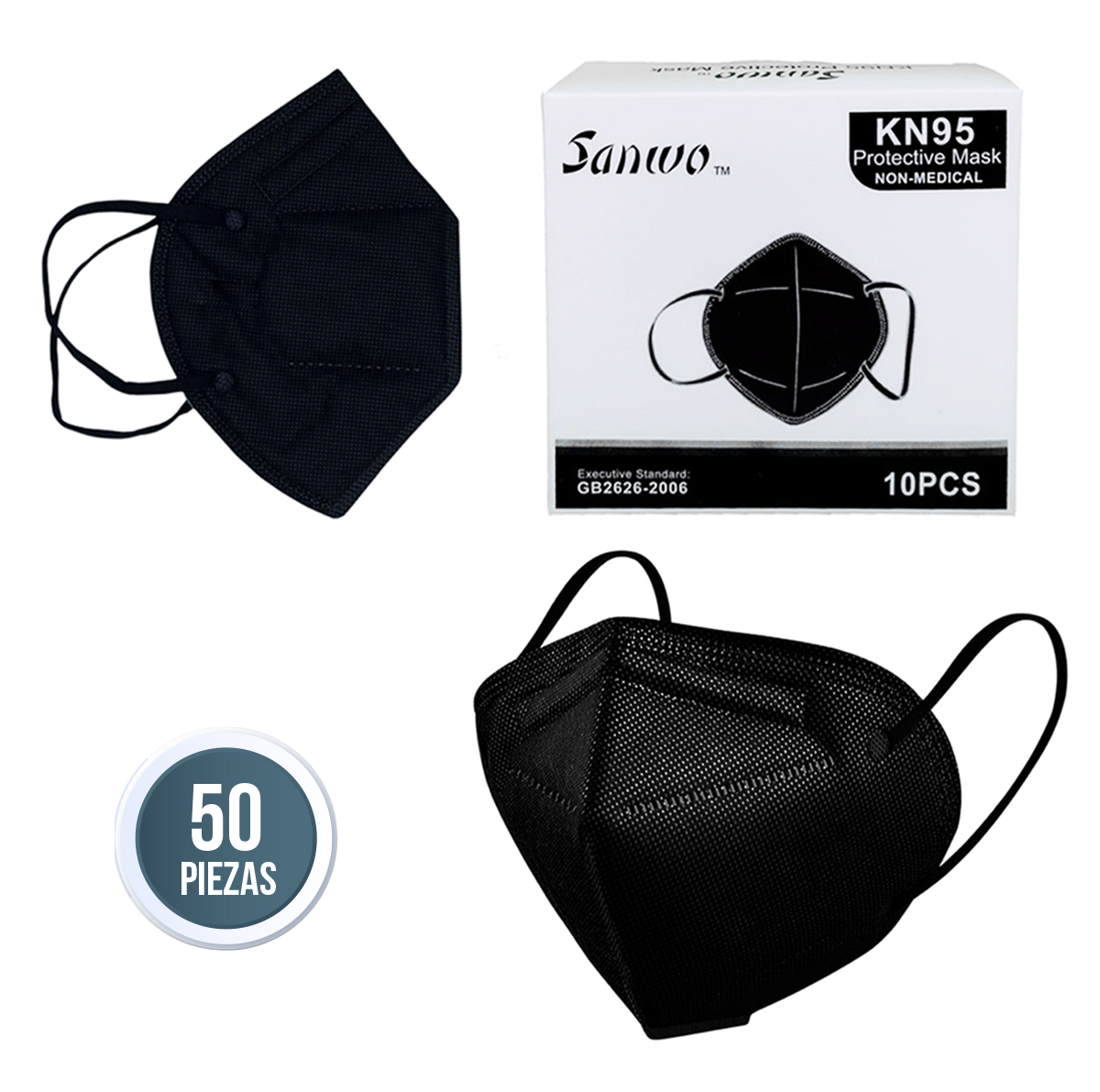 Cubrebocas Sanwo Kn95 Color Negro Sin Válvula 50 Piezas Certificado Cofepris 