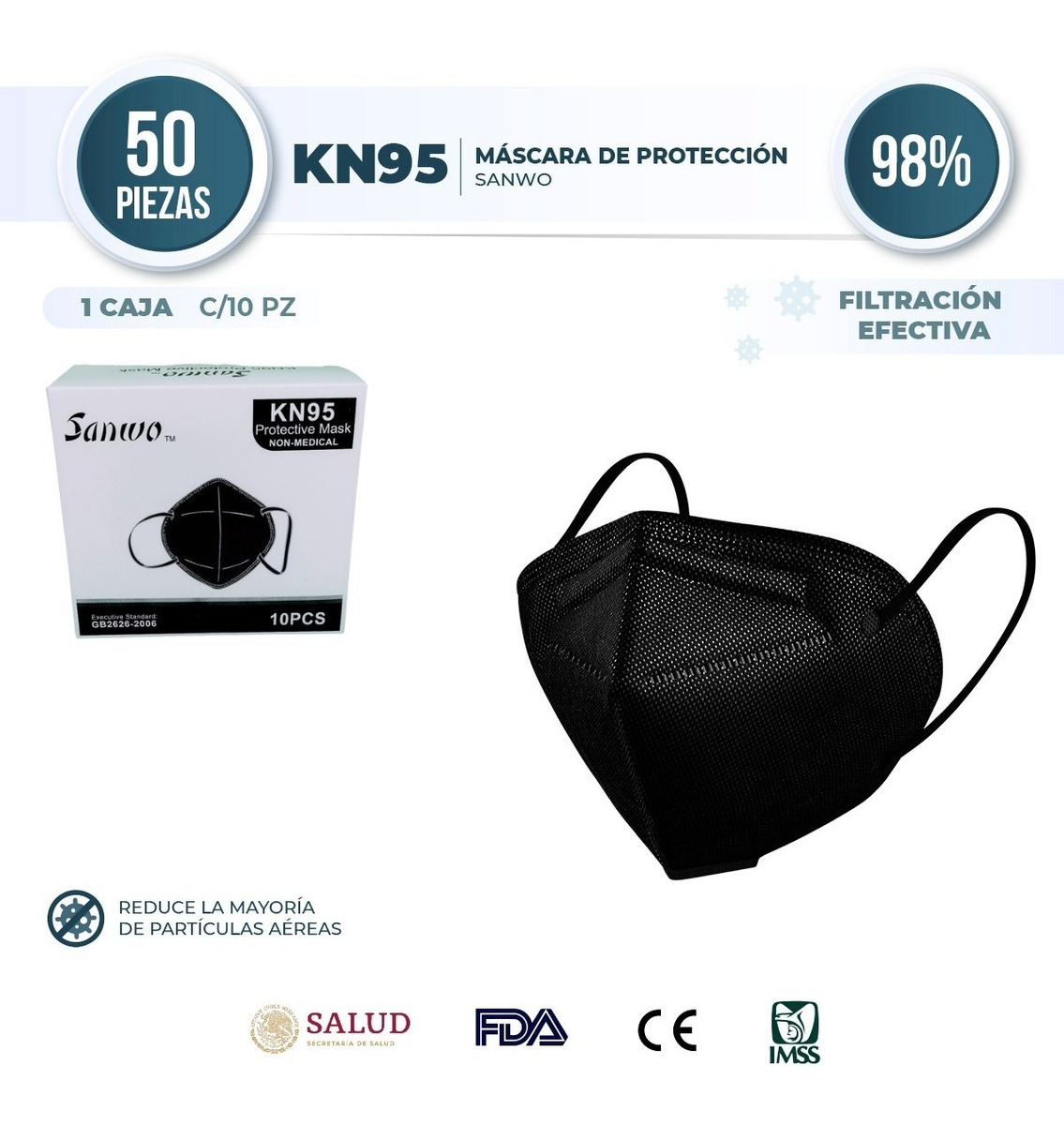 Cubrebocas Sanwo Kn95 Color Negro Sin Válvula 50 Piezas Certificado Cofepris 