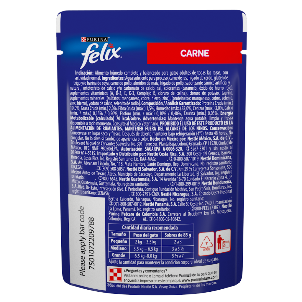 Caja de 24 sobres Felix Carne Alimento Húmedo para gatos adultos, pouch de 85g c/u.