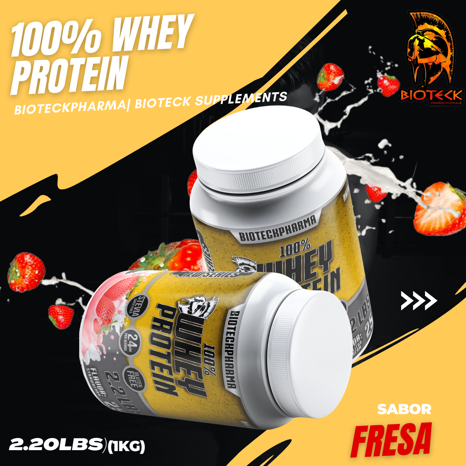 BIOTECKPHARMA| 100% Whey Protein Sabor Fresa 2.20 lbs | 1000 grs.	