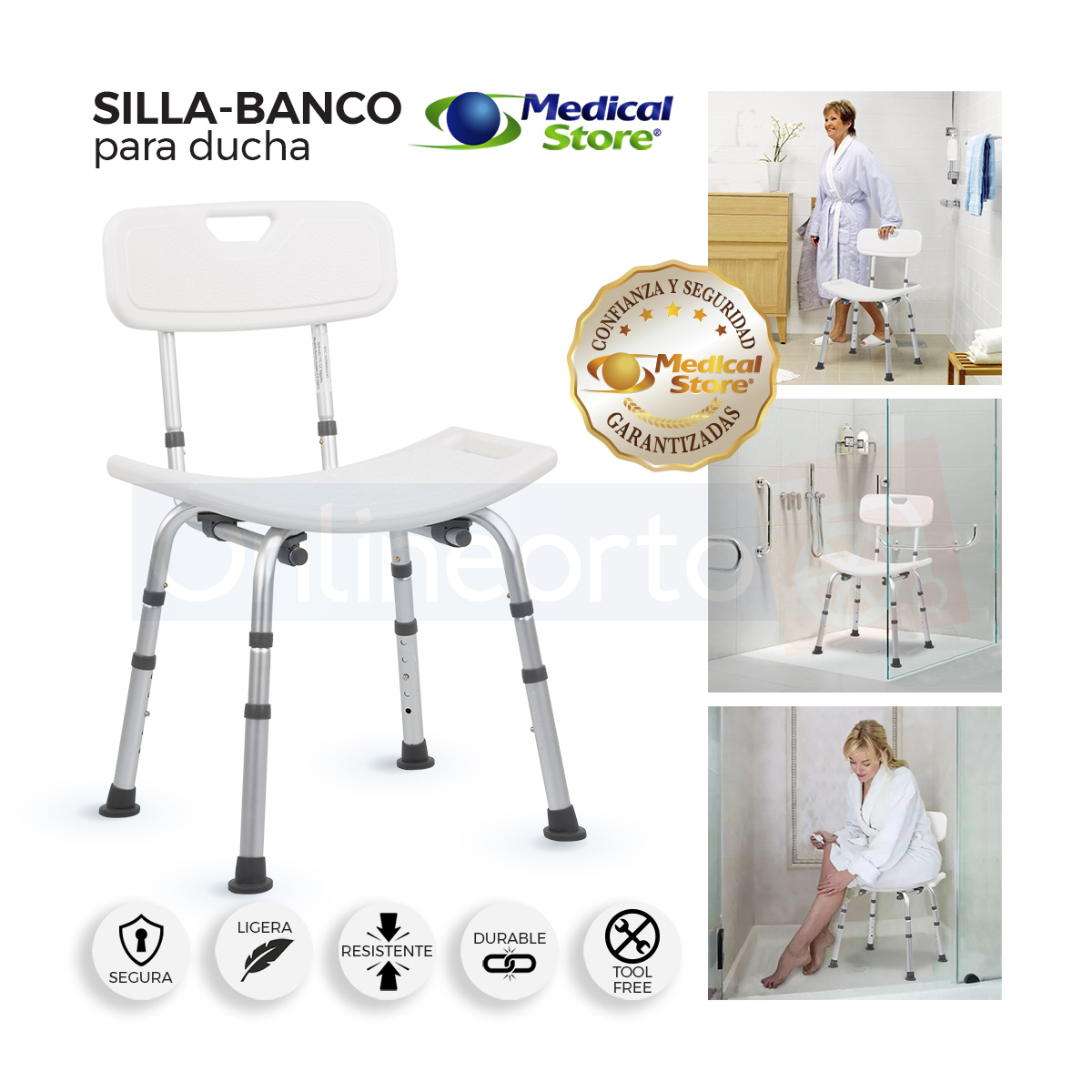 Silla Ducha Altura Ajustable Baño Respaldo Aluminio Medical Store