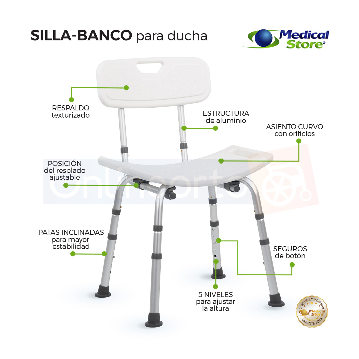 Silla Ducha Altura Ajustable Baño Respaldo Aluminio Medical Store