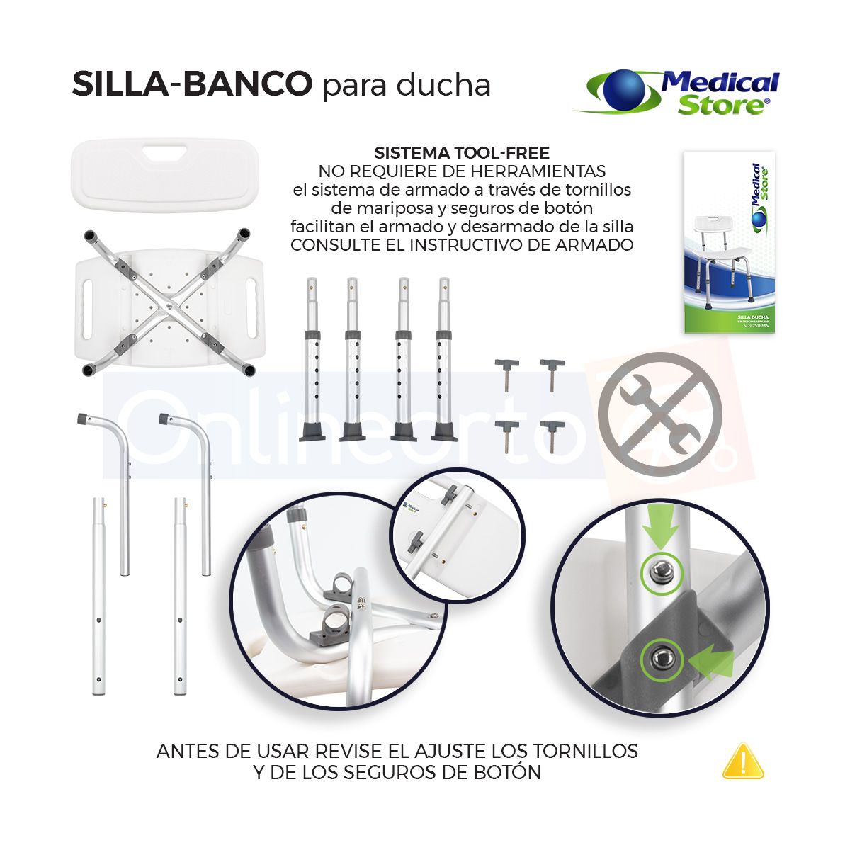 Silla Ducha Altura Ajustable Baño Respaldo Aluminio Medical Store