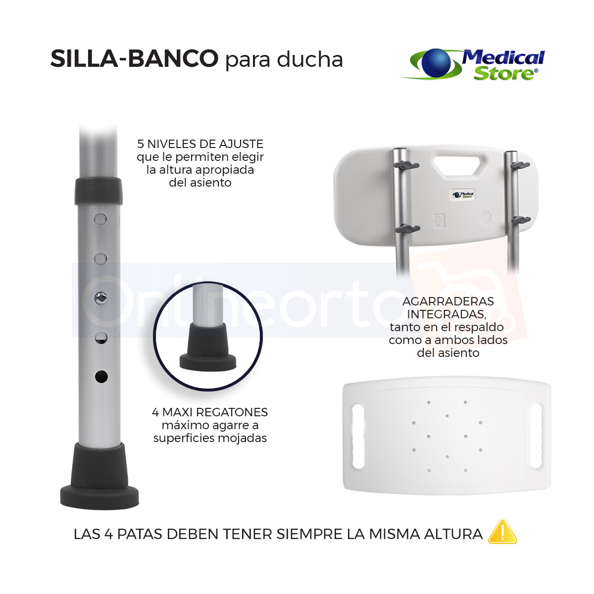 Silla Ducha Altura Ajustable Baño Respaldo Aluminio Medical Store