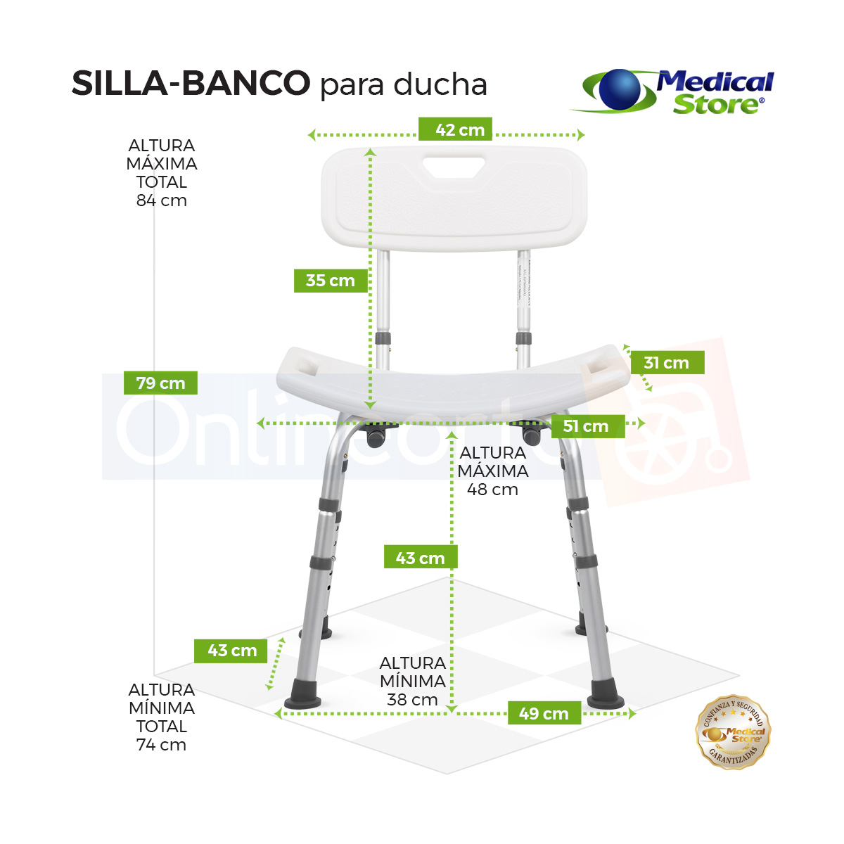 Silla Ducha Altura Ajustable Baño Respaldo Aluminio Medical Store