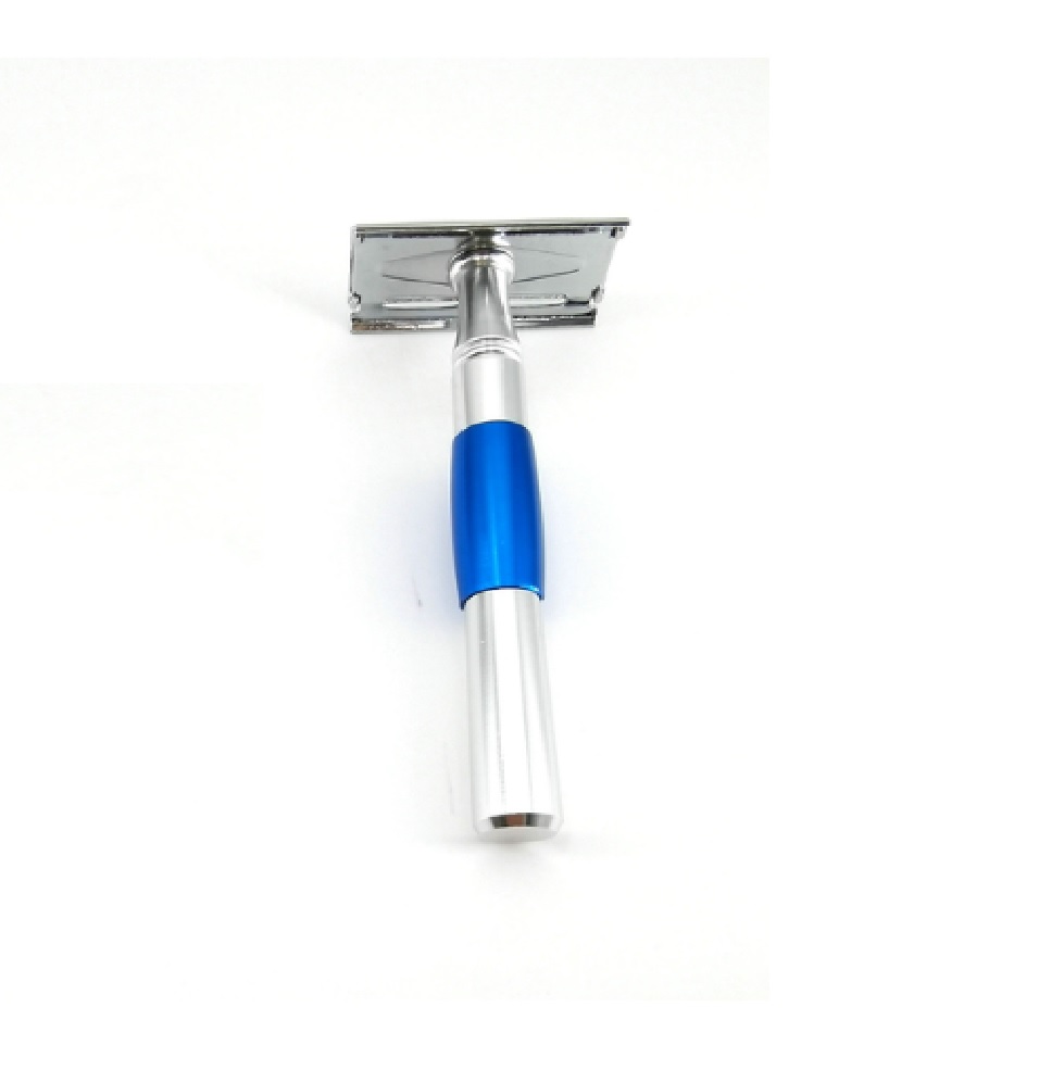 Rastrillo afeitar plata aluminio azul metal doble filo cara barba brazos portátil hombre mujer