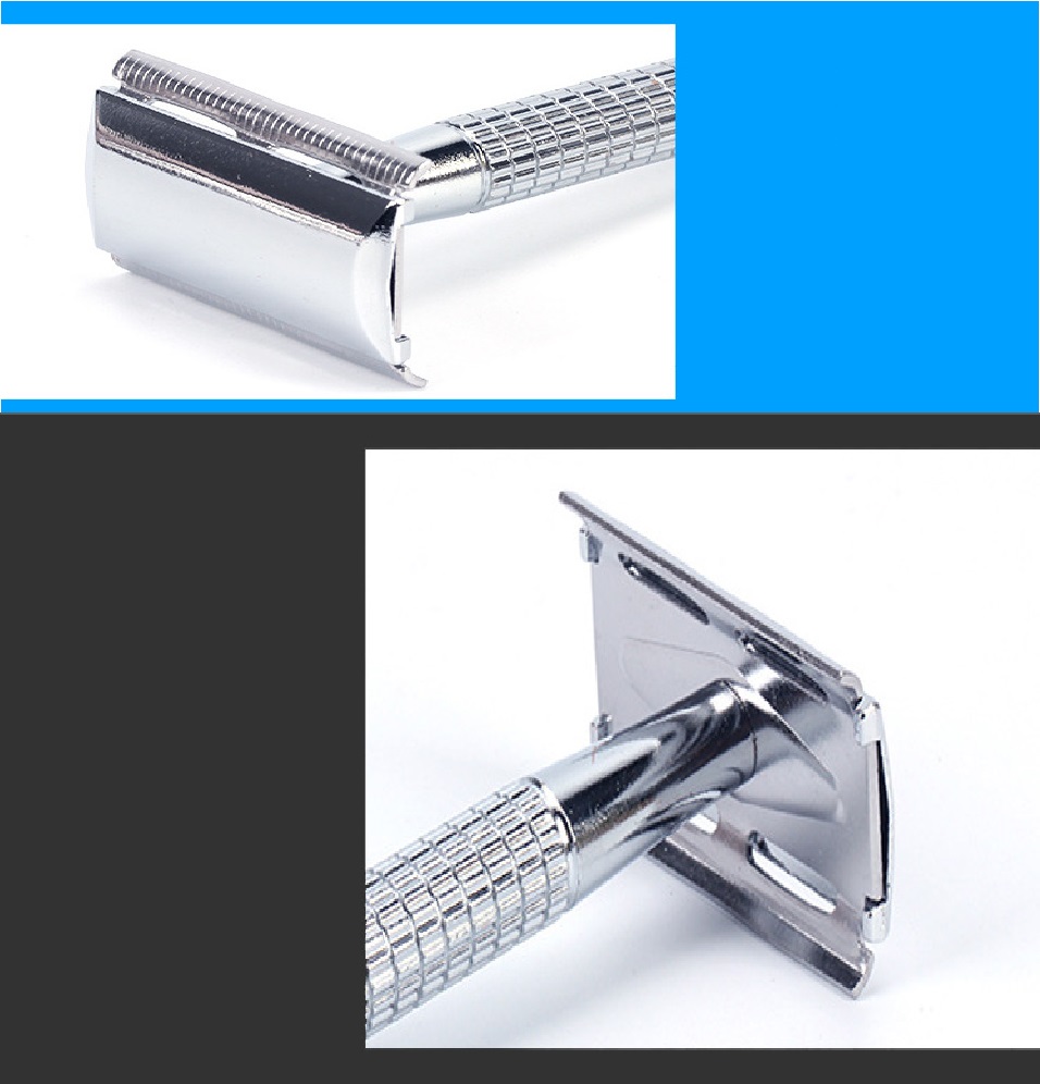 Rastrillo afeitar plata aluminio azul metal doble filo cara barba brazos portátil hombre mujer