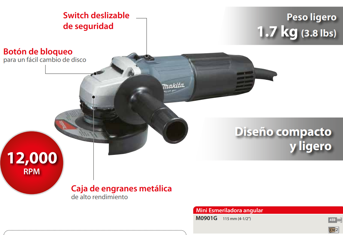 MINI-ESMERILADORA ANGULAR 4 - 1/2", 540W, 12000rpm, MAKITA modelo: M0901G.