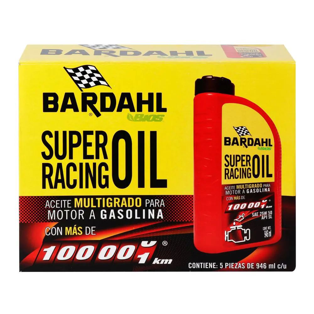 Aceite para mator a gasolina, Bardahl Alto Kilometraje 25W50 5 pzas con 946 ml