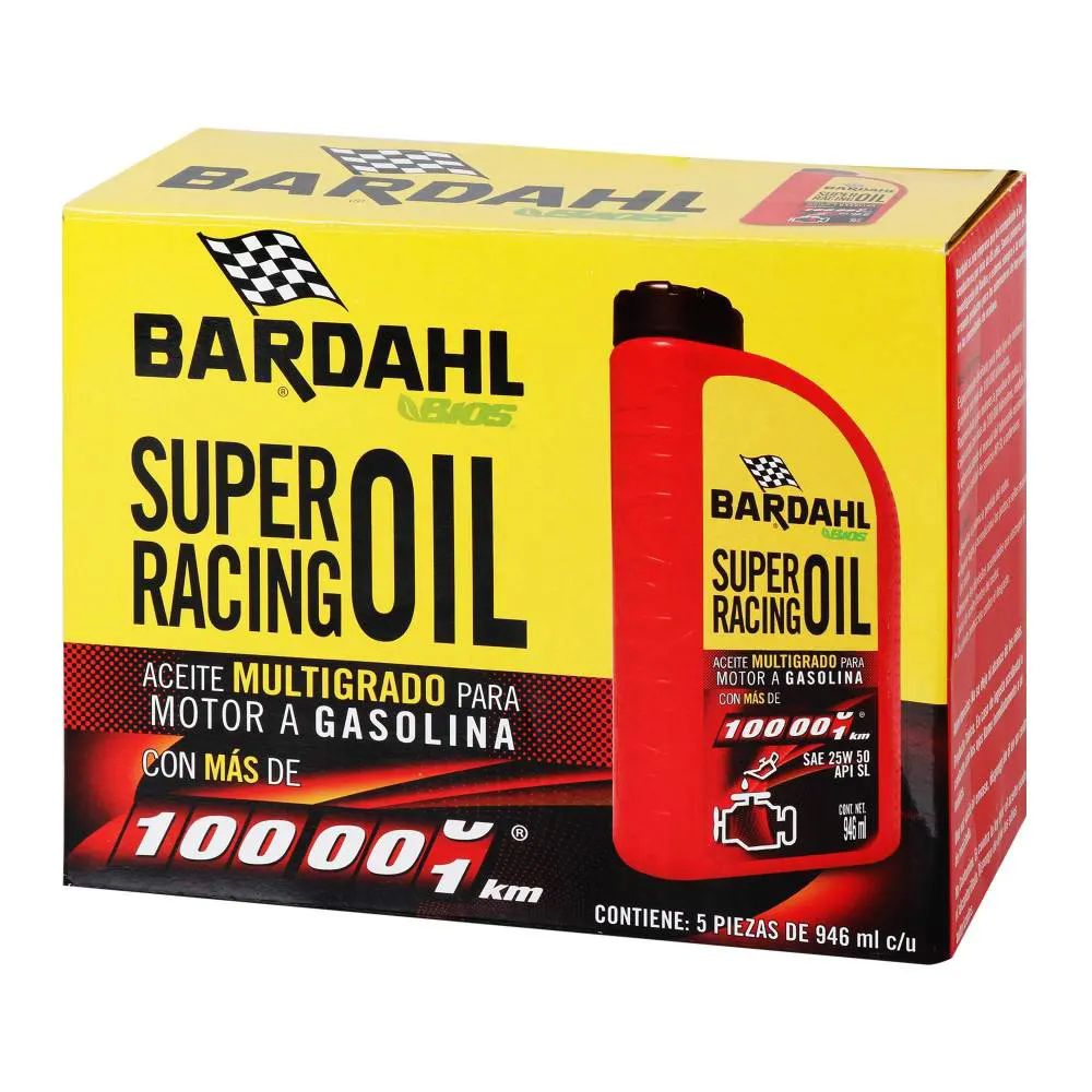 Aceite para mator a gasolina, Bardahl Alto Kilometraje 25W50 5 pzas con 946 ml