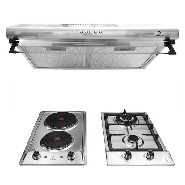 COMBO con campana de pared 60cm, parrilla eléctrica y parrilla de gas SUPRA AMIATA en acero inoxidable
