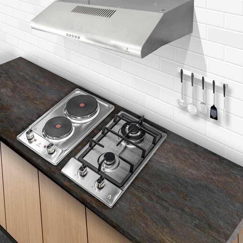 COMBO con campana de pared 60cm, parrilla eléctrica y parrilla de gas SUPRA AMIATA en acero inoxidable