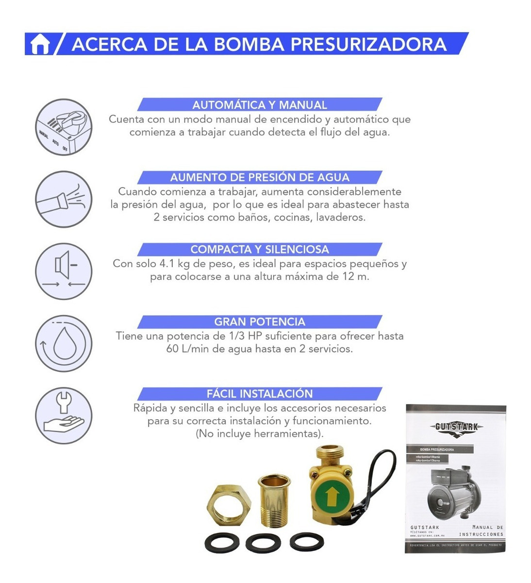 Bomba Presurizadora Gutstark Agua 1/3 Hp Automatica 270 W 2 Servicios