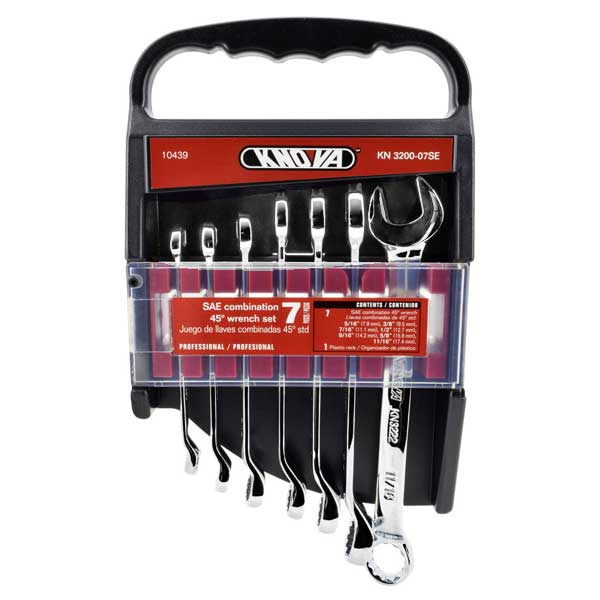 Knova Juego de Llaves combinadas largas estándar SAE estriadas 45 grados 7 piezas c/rack organizador de plástico